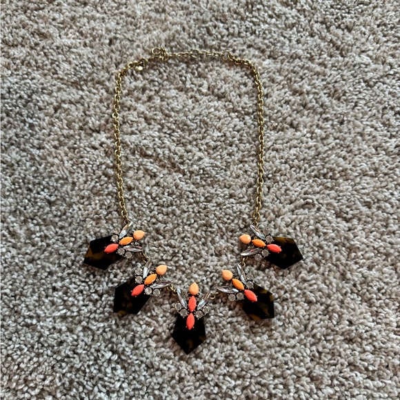 J.Crew Statement Necklace Tortoise & Coral Jewel Cluster | Vintage Style Gold - Picture 2 of 7